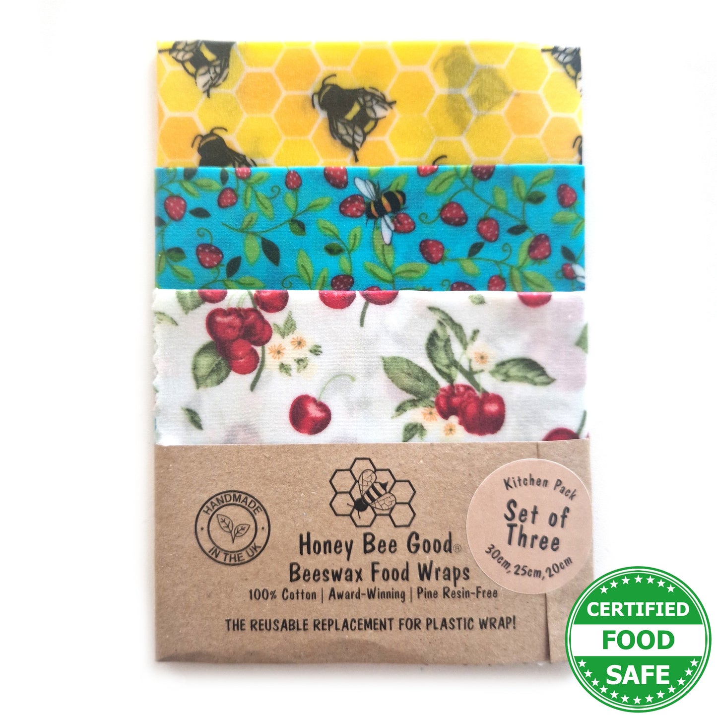 Classic Set of 3 Beeswax Wraps | Bees & Cherries