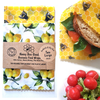 Classic Set of 2 Large Beeswax Wraps | Lemony Bees